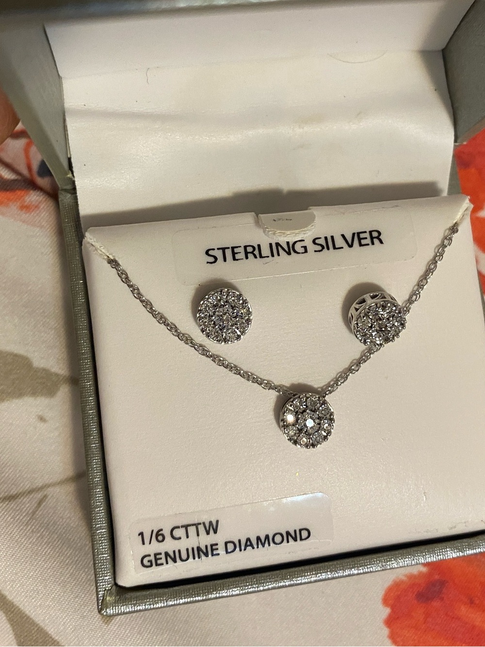 Brilliance sterling silver 1/6CTTW genuine diamonds stud earrings & necklace set